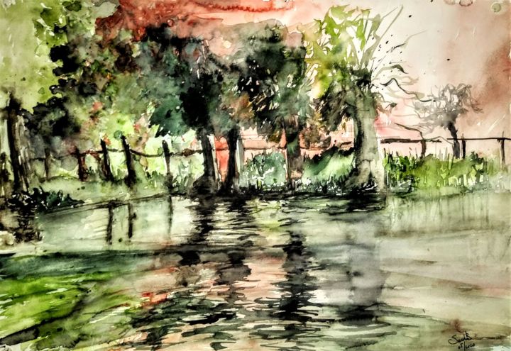 Painting titled "Reflections of once…" by Benny Smet, Original Artwork, Watercolor
