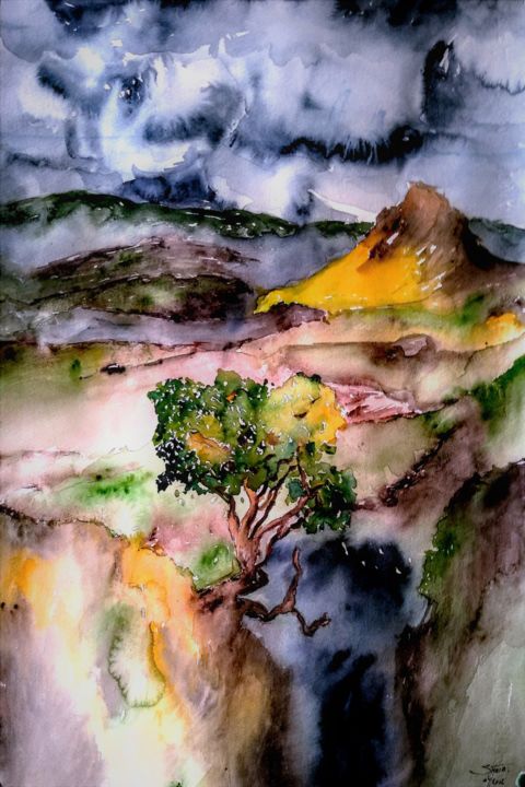 Painting titled "In the hanging gard…" by Benny Smet, Original Artwork, Watercolor