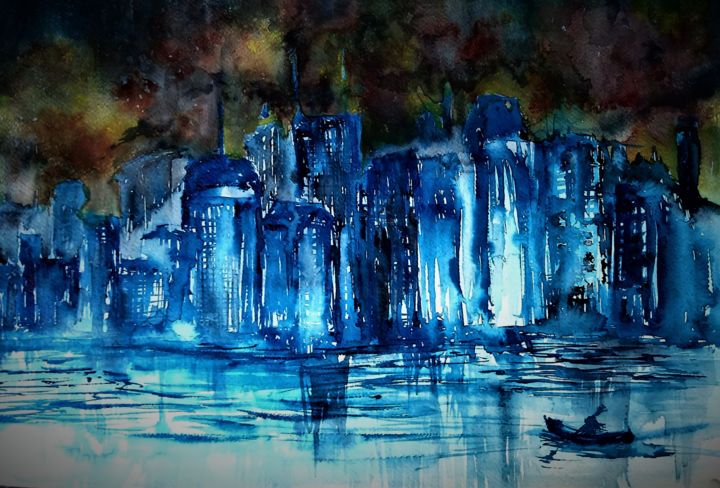Painting titled "When the lights go…" by Benny Smet, Original Artwork, Watercolor
