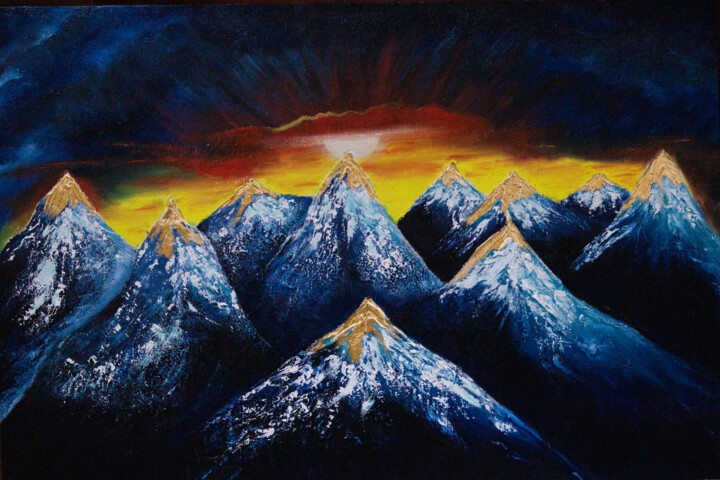 Painting titled "Blue Mountains" by Smiitaa Chatterjee, Original Artwork, Oil