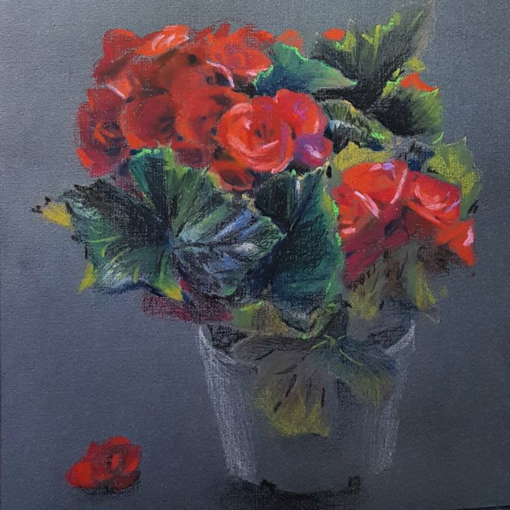 Painting titled "Red begonia" by Irina Smirnova, Original Artwork, Pastel