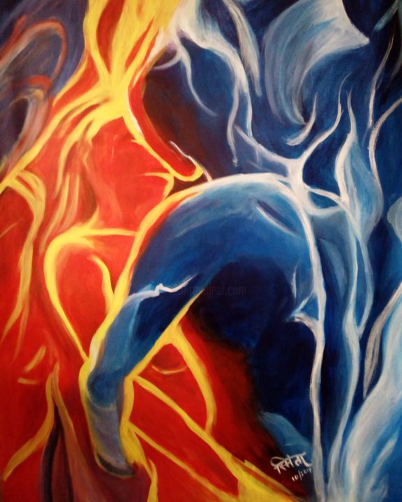 Painting titled "Fire and Ice" by Smita Srivastav, Original Artwork, Acrylic Mounted on Cardboard