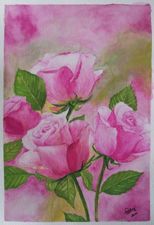 Painting titled "Pink Roses for Hope…" by Smita Srivastav, Original Artwork, Watercolor
