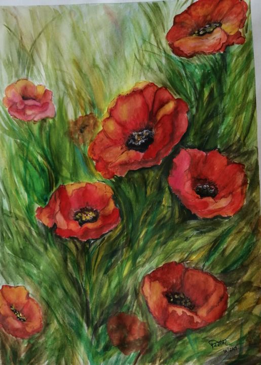 Painting titled "Fire in the Grass..…" by Smita Srivastav, Original Artwork, Watercolor