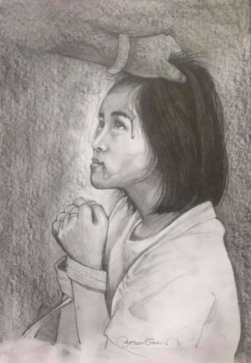 Peinture intitulée "Girl with domestic…" par Smith Brittney, Œuvre d'art originale, Crayon