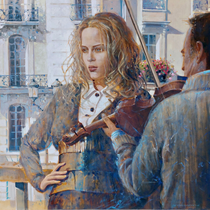 Painting titled "« STREET VIOLINIST»…" by Sergei Mozgovoi, Original Artwork, Oil