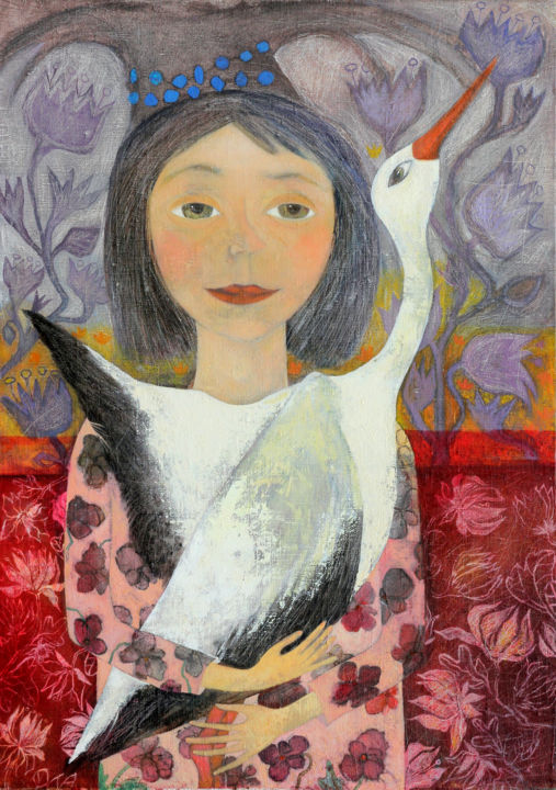 Malerei mit dem Titel "Білий птах з чорною…" von Victoria Smurova, Original-Kunstwerk, Öl