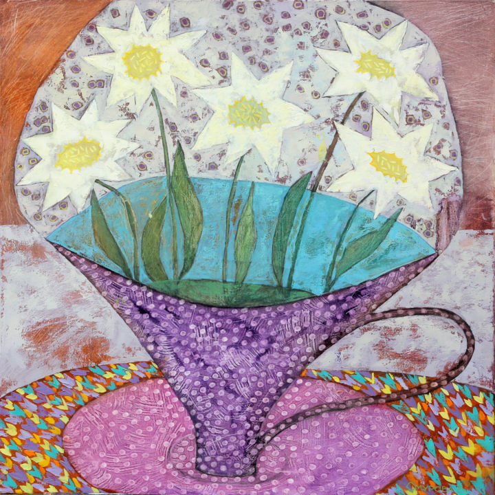 Картина под названием "Цветы в чашке" - Victoria Smurova, Подлинное произведение искусства, Масло
