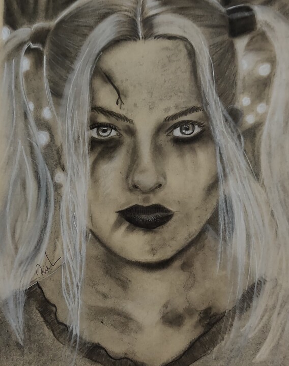 Dessin intitulée "Harley Quinn" par Sneha Lobo, Œuvre d'art originale, Fusain