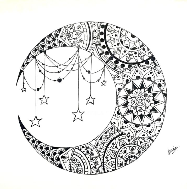 Dessin intitulée "Half moon mandala" par Queenie, Œuvre d'art originale, Stylo gel
