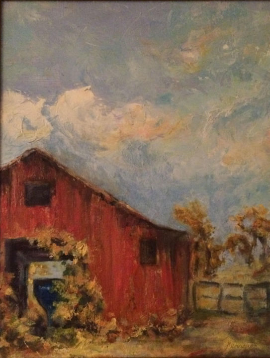 Ζωγραφική με τίτλο "red-barn-i.jpg" από Susan Nichols Ferrara, Αυθεντικά έργα τέχνης, Λάδι