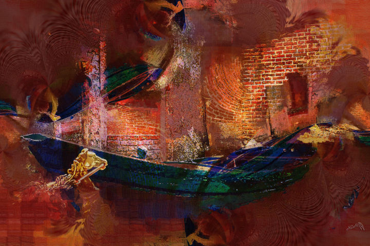 Arts numériques intitulée "La gondole bleue" par Sniegourotchka, Œuvre d'art originale, Travail numérique 2D