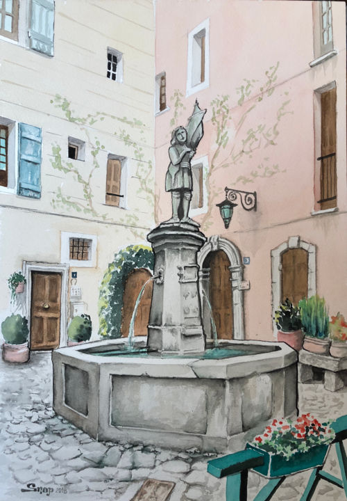 Peinture intitulée "Fontaine Jeanne d'A…" par Snop, Œuvre d'art originale, Aquarelle