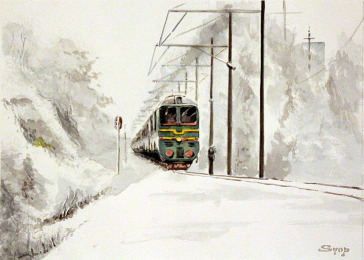 Schilderij getiteld "Train dans la neige" door Snop, Origineel Kunstwerk, Aquarel