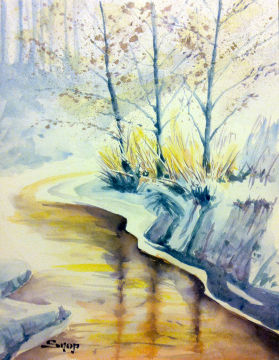 Peinture intitulée "Rivière en hiver" par Snop, Œuvre d'art originale, Aquarelle