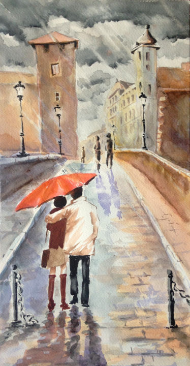 Pintura intitulada "Le Parapluie Rouge" por Snop, Obras de arte originais, Aquarela