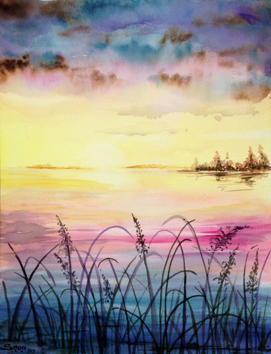 Peinture intitulée "Soleil couchant" par Snop, Œuvre d'art originale, Aquarelle