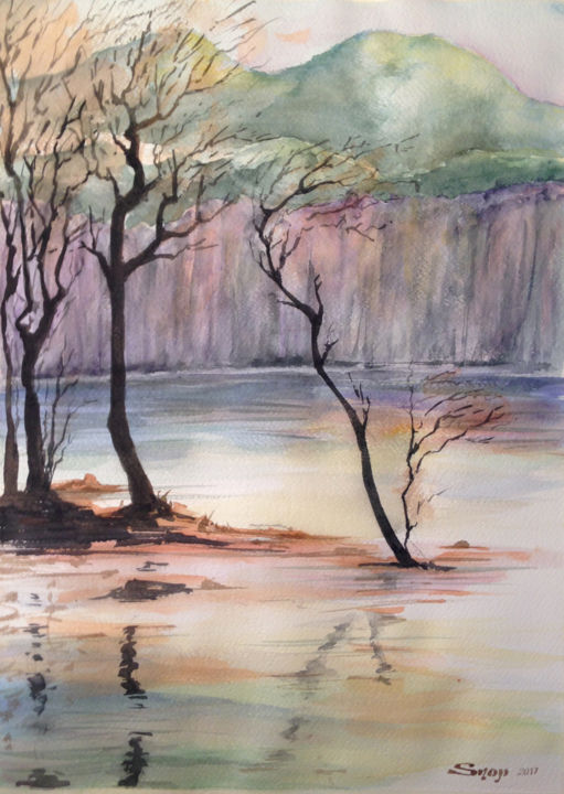 Peinture intitulée "Lac hors-saison" par Snop, Œuvre d'art originale, Aquarelle