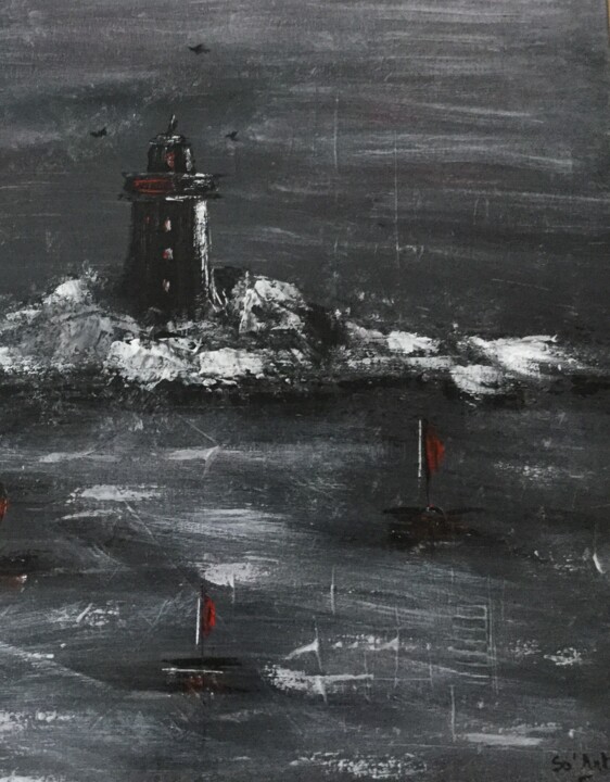 Painting titled "Phare ´ n ´ night" by So Art, Original Artwork, Acrylic Mounted on Wood Stretcher frame