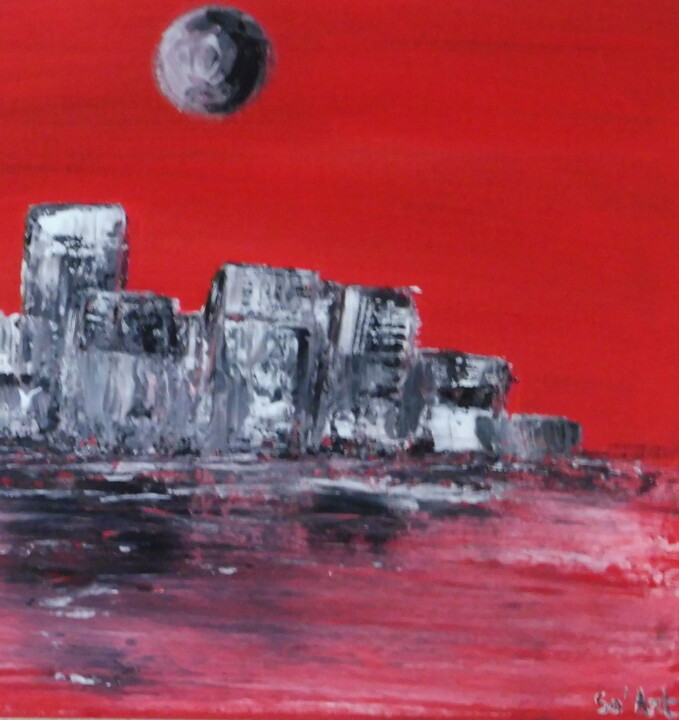 Painting titled "Blood Lake" by So Art, Original Artwork, Acrylic Mounted on Wood Stretcher frame