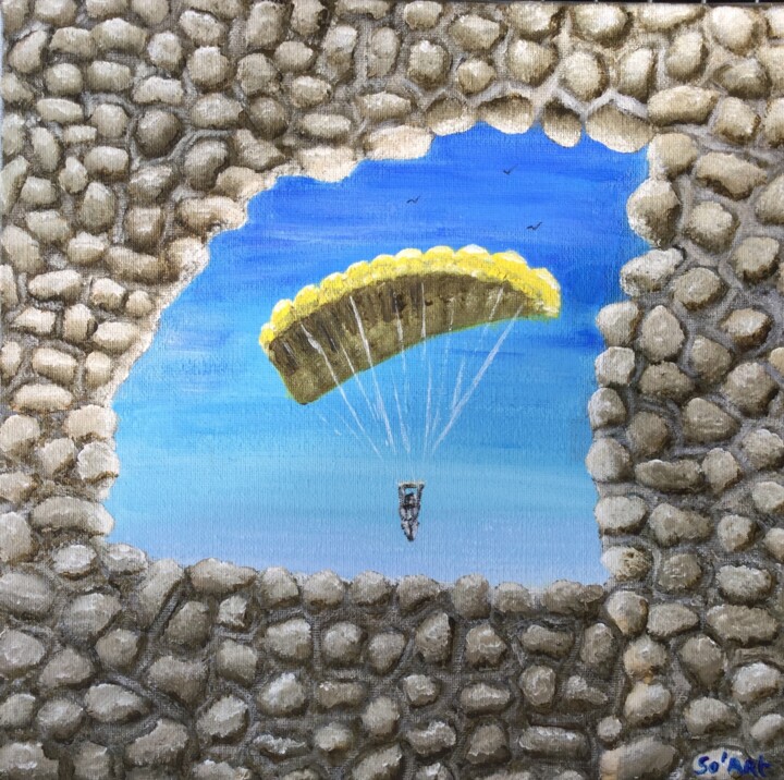 Painting titled "Voyage dans les airs" by So Art, Original Artwork, Acrylic Mounted on Wood Stretcher frame