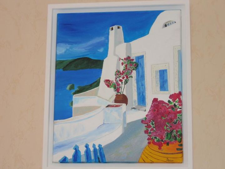 Painting titled "maison grecque" by Soazig Balcon, Original Artwork, Oil