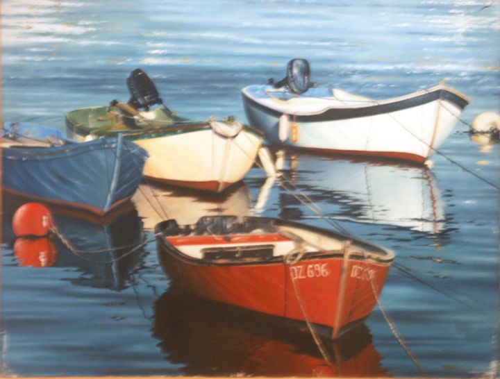 Peinture intitulée "les yoles accostés…" par Soberski, Œuvre d'art originale, Huile