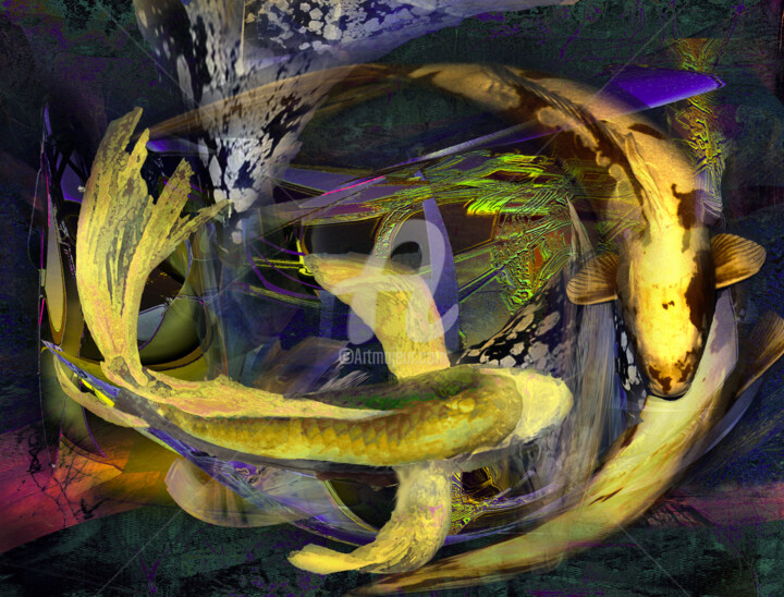 Digital Arts titled "Golden Koi Dance" by Sobreira Airton, Original Artwork, Digital Painting