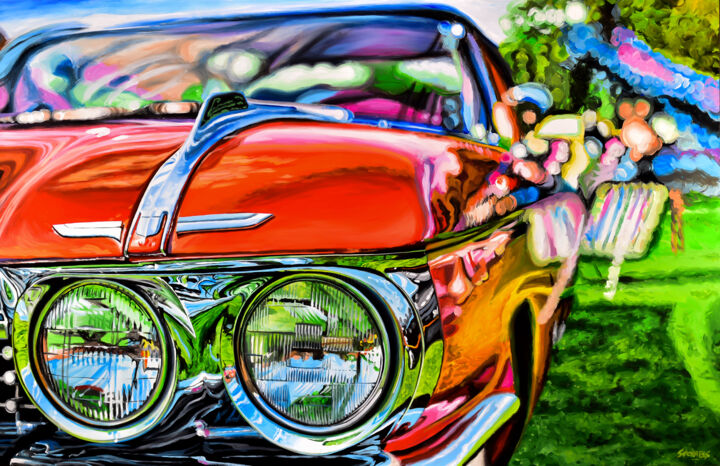 Painting titled "Little Red Cadillac" by Sócrates Rízquez, Original Artwork, Enamel Mounted on Aluminium