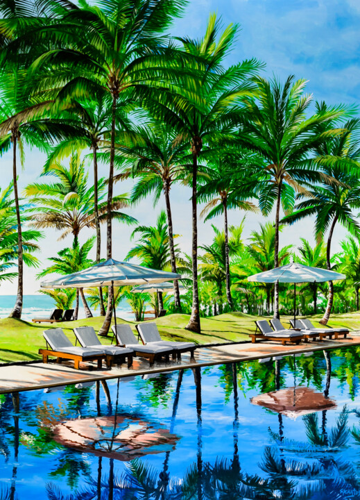 Painting titled "Outside Pool #1" by Sócrates Rízquez, Original Artwork, Enamel Mounted on Aluminium