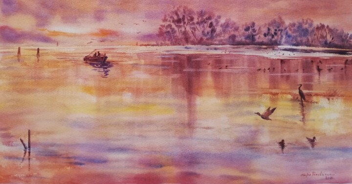 Pittura intitolato "Tramonto in laguna" da Sofia Becherucci, Opera d'arte originale, Acquarello