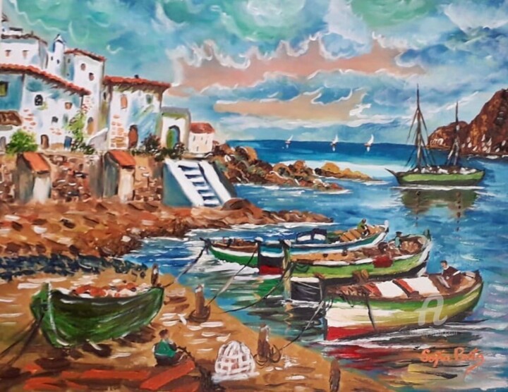 Painting titled "Barcos" by Sofia Costa, Original Artwork, Oil Mounted on Wood Stretcher frame