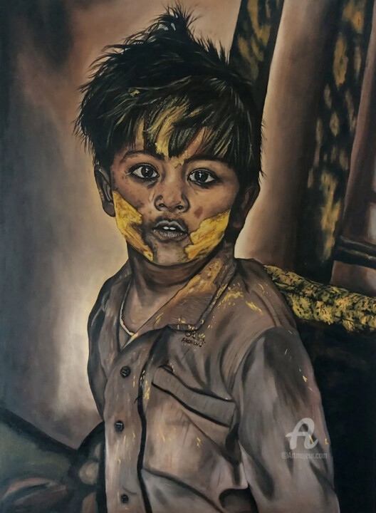 Painting titled "Menino de Ouro II" by Sofia Costa, Original Artwork, Oil Mounted on Wood Stretcher frame