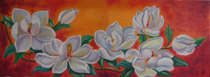 Painting titled "Мagnolias on red" by Sofia Gasviani, Original Artwork, Oil Mounted on Wood Stretcher frame