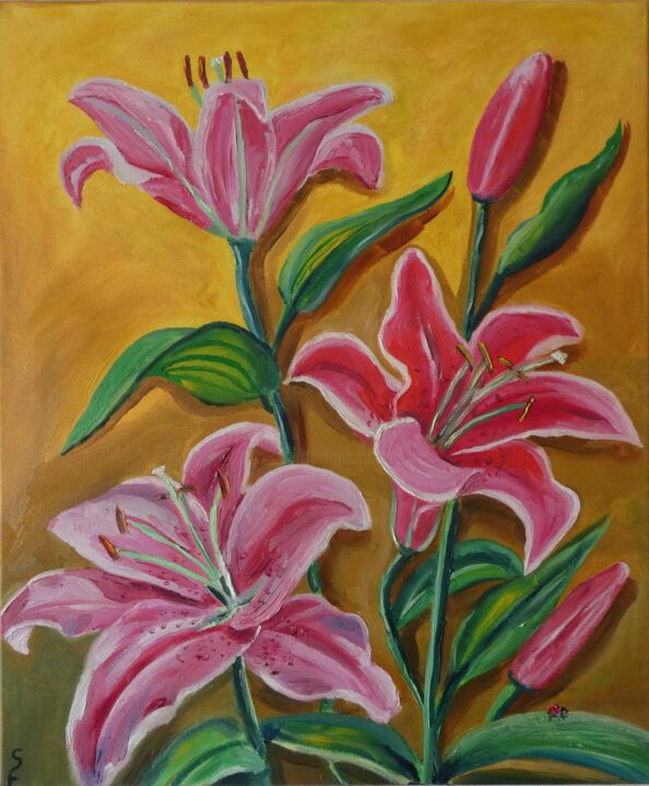 Painting titled "Pink lily" by Sofia Gasviani, Original Artwork, Oil