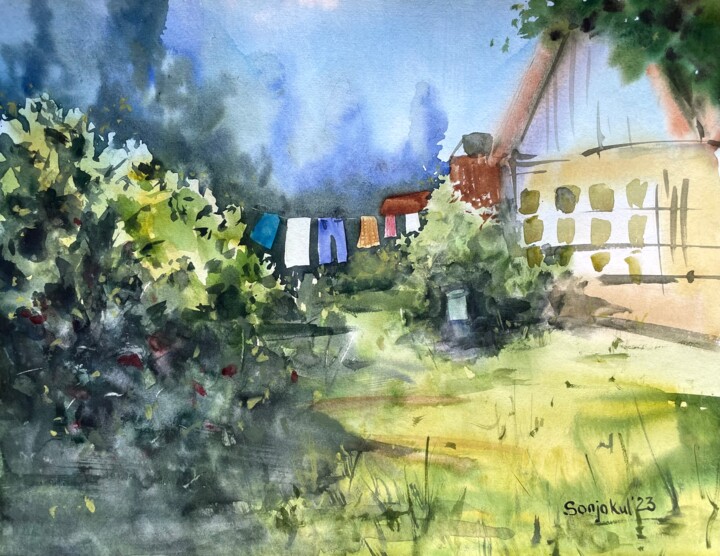 Painting titled "Summer in the Villa…" by Sofiia Kulichkova (Sonjakul), Original Artwork, Watercolor
