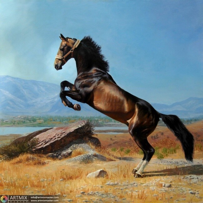 Peinture intitulée "Ахалтекинский Конь" par Sokhib Razzakov, Œuvre d'art originale