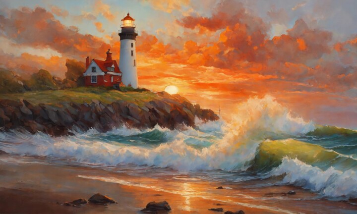 Painting titled "Sunset lighthouse" by Sol, Original Artwork, Oil