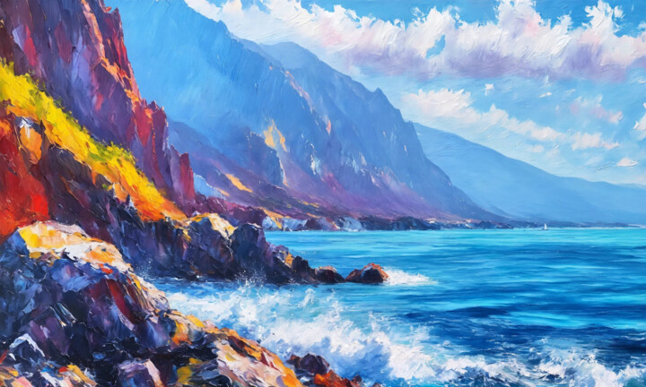 Painting titled "Mountains and sea." by Sol, Original Artwork, Oil