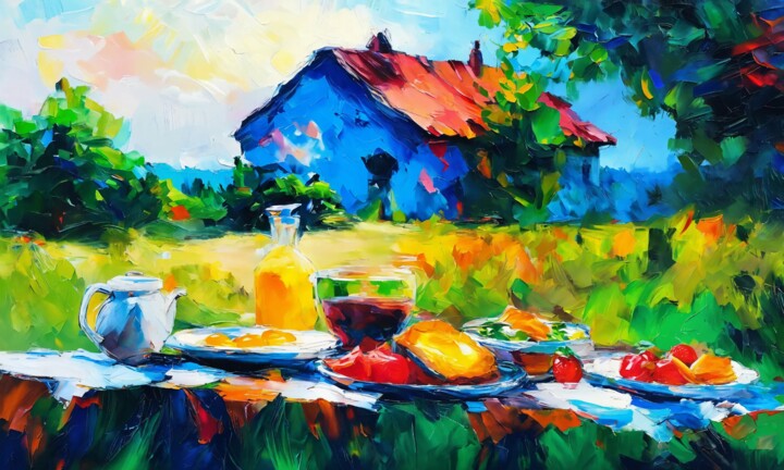 Painting titled "Breakfast outdoors" by Sol, Original Artwork, Oil