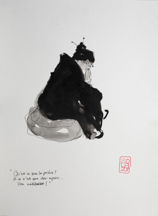 Peinture intitulée "Méditation" par Sola, Œuvre d'art originale, Encre