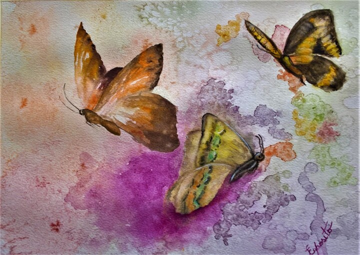 Pintura intitulada "Tre Farfalle" por Solange Esposito (SEsposito), Obras de arte originais, Aquarela