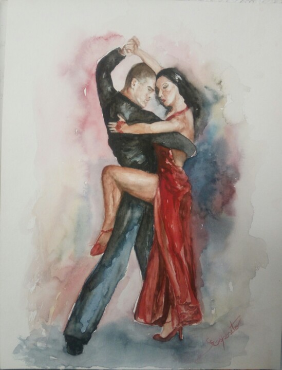 Painting titled "El Tango" by Solange Esposito (SEsposito), Original Artwork, Watercolor