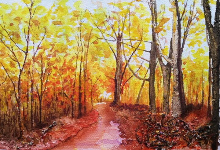 Pintura intitulada "Caminho no Outono" por Solange Esposito (SEsposito), Obras de arte originais, Aquarela