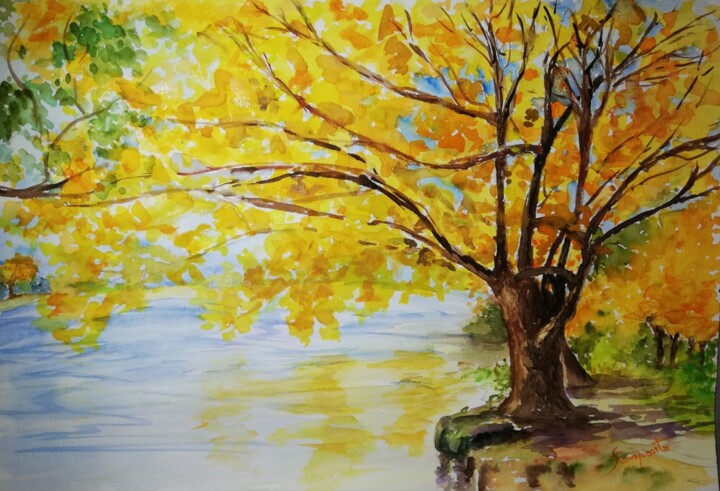 Painting titled "Ipê Amarelo" by Solange Esposito (SEsposito), Original Artwork, Watercolor