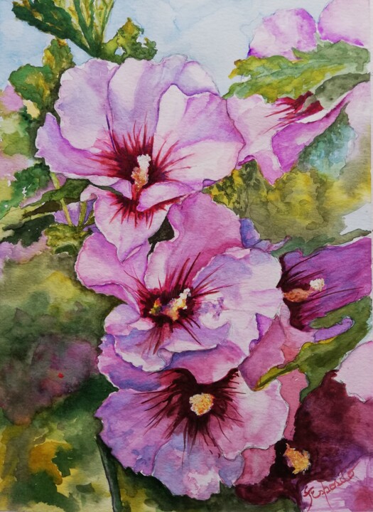 Painting titled "Hibisco Rosa" by Solange Esposito (SEsposito), Original Artwork, Watercolor