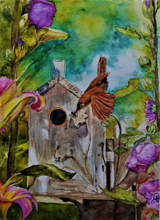 Pintura intitulada "Uccellino e suo rag…" por Solange Esposito (SEsposito), Obras de arte originais, Aquarela