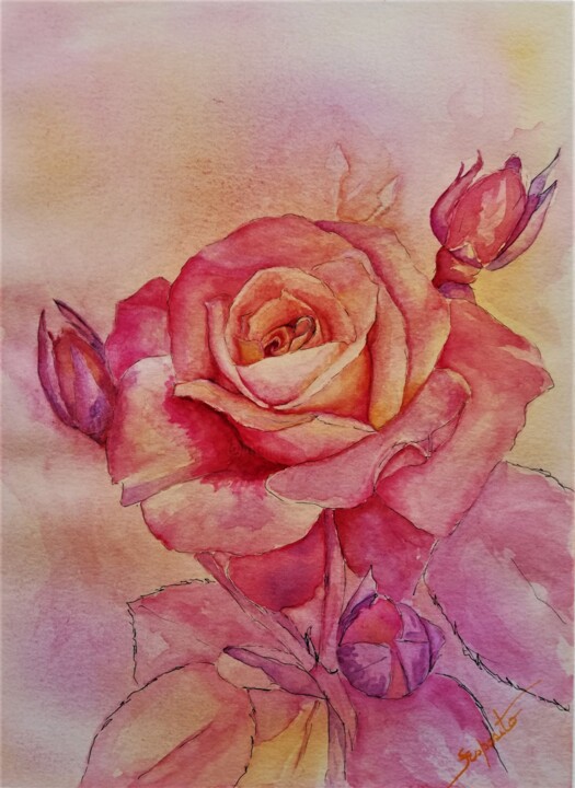 Painting titled "Rosa" by Solange Esposito (SEsposito), Original Artwork, Watercolor