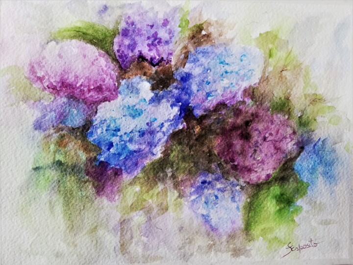 Painting titled "Hortênsias" by Solange Esposito (SEsposito), Original Artwork, Watercolor