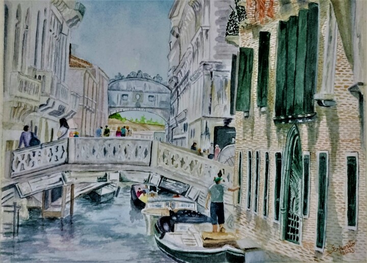 Painting titled "Ponte dei Sospiri" by Solange Esposito (SEsposito), Original Artwork, Watercolor